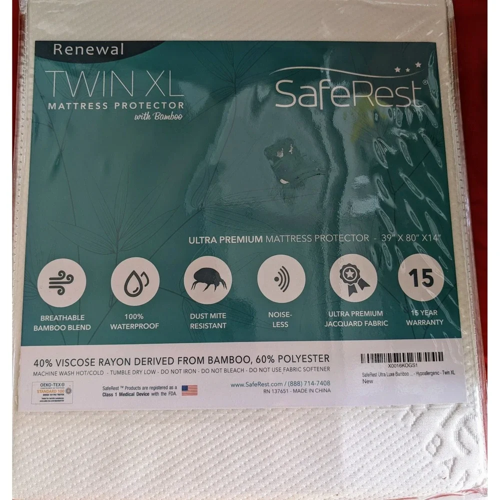 SafeRest Renewal Bamboo Mattress Pad Cover Hypoallergenic TWIN XL‎ Dorms NIP